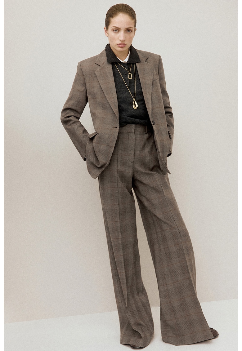 Sacou din amestec de lana cu model in carouri - Maro camel