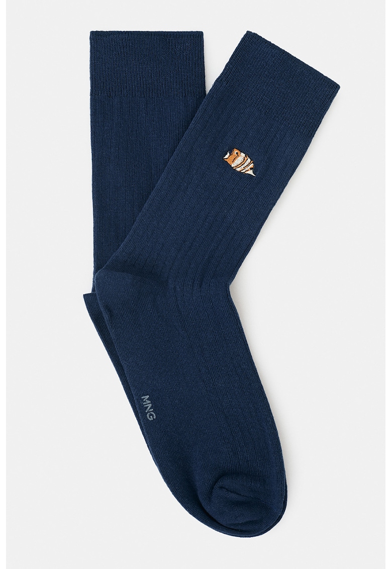 Sosete striate cu broderie - Portocaliu pal/Bleumarin