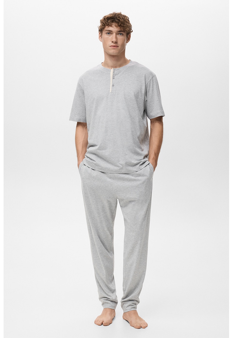 Pijama din amestec de bumbac cu decolteu henley - Gri deschis