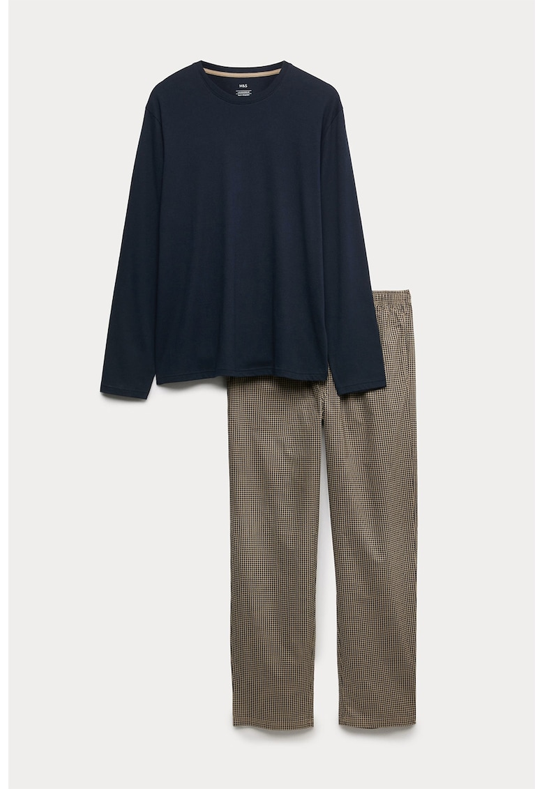 Pijama lunga din bumbac cu model houndstooth - Kaki/Bleumarin