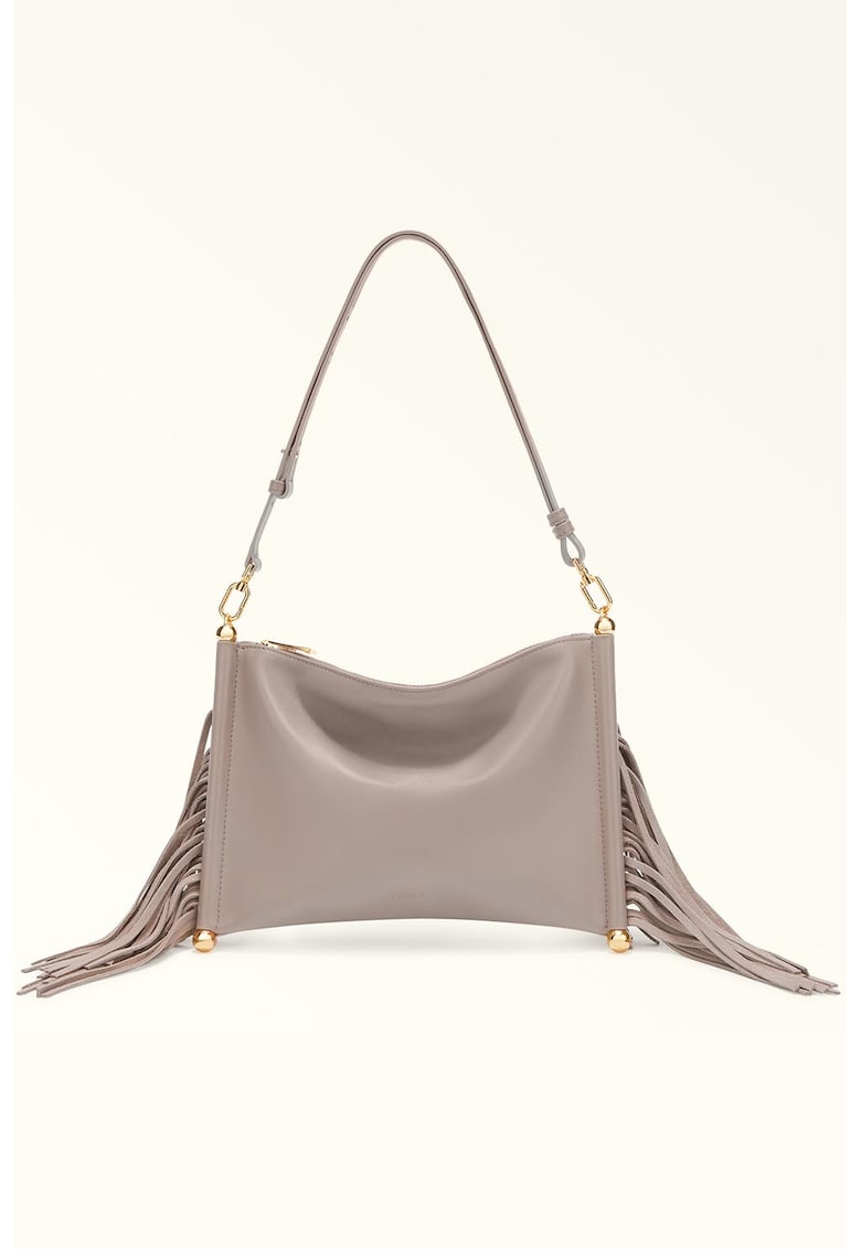 Geanta de piele cu bareta de umar si franjuri - Maro taupe deschis