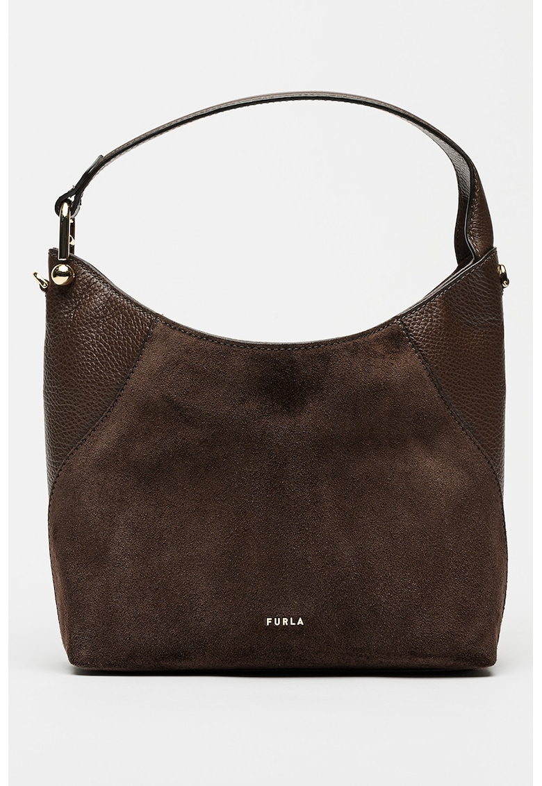 Geanta din piele intoarsa cu bareta de umar si garnituri din piele Lara