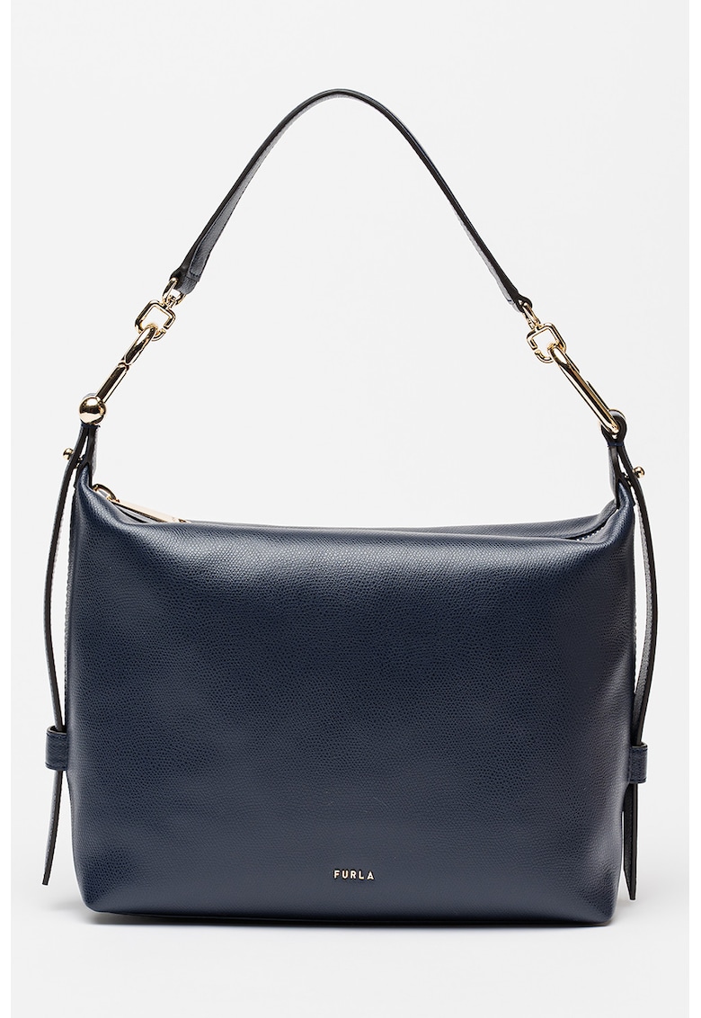 Geanta din piele cu bareta detasabila de umar si model uni - Bleumarin