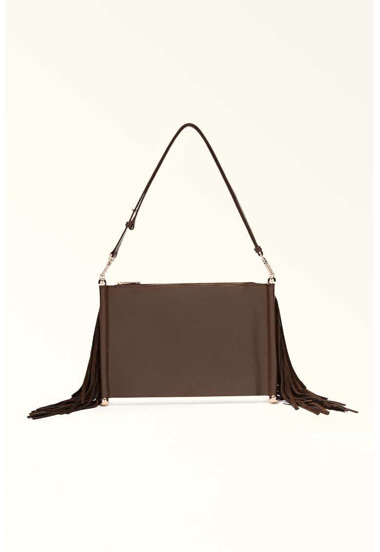 Geanta de piele cu bareta de umar si franjuri - Maro inchis