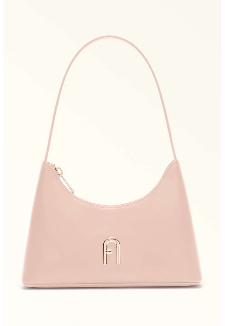 Geanta din piele cu bareta de umar si aplicatie logo metalica - Roz pal