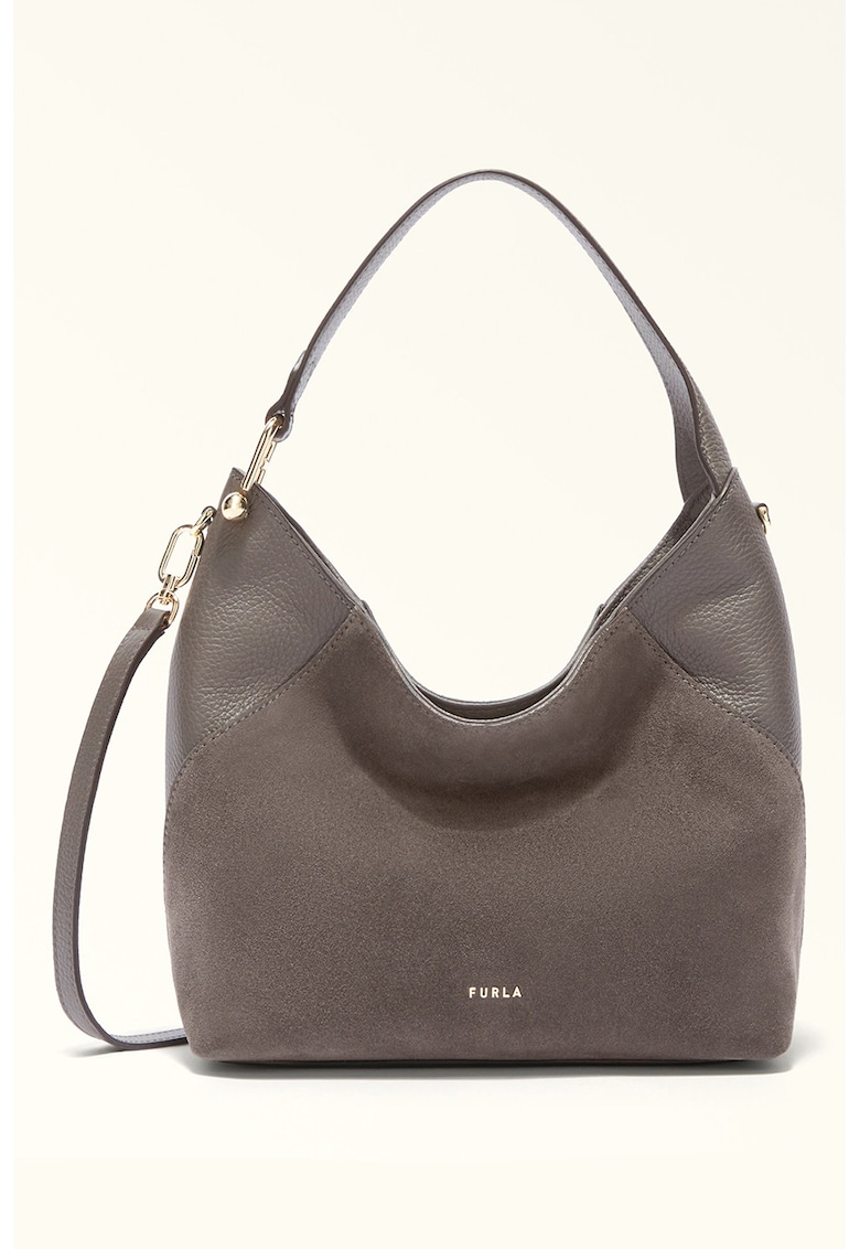 Geanta din piele intoarsa cu bareta de umar si garnituri din piele Lara - Maro taupe