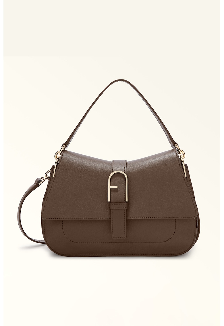 Geanta de piele cu bareta de umar si logo metalic Flow - Maro fango