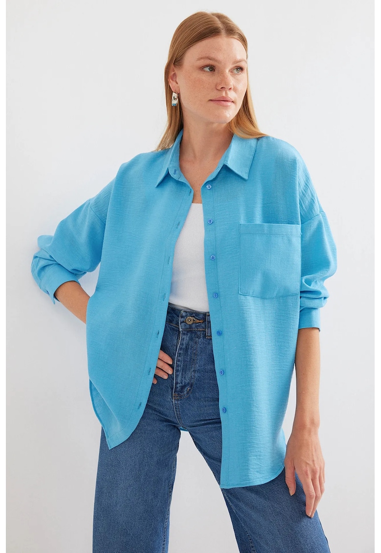 Camasa dama HiCCUP - BDART - detalii buzunar - albastru - amestec de in