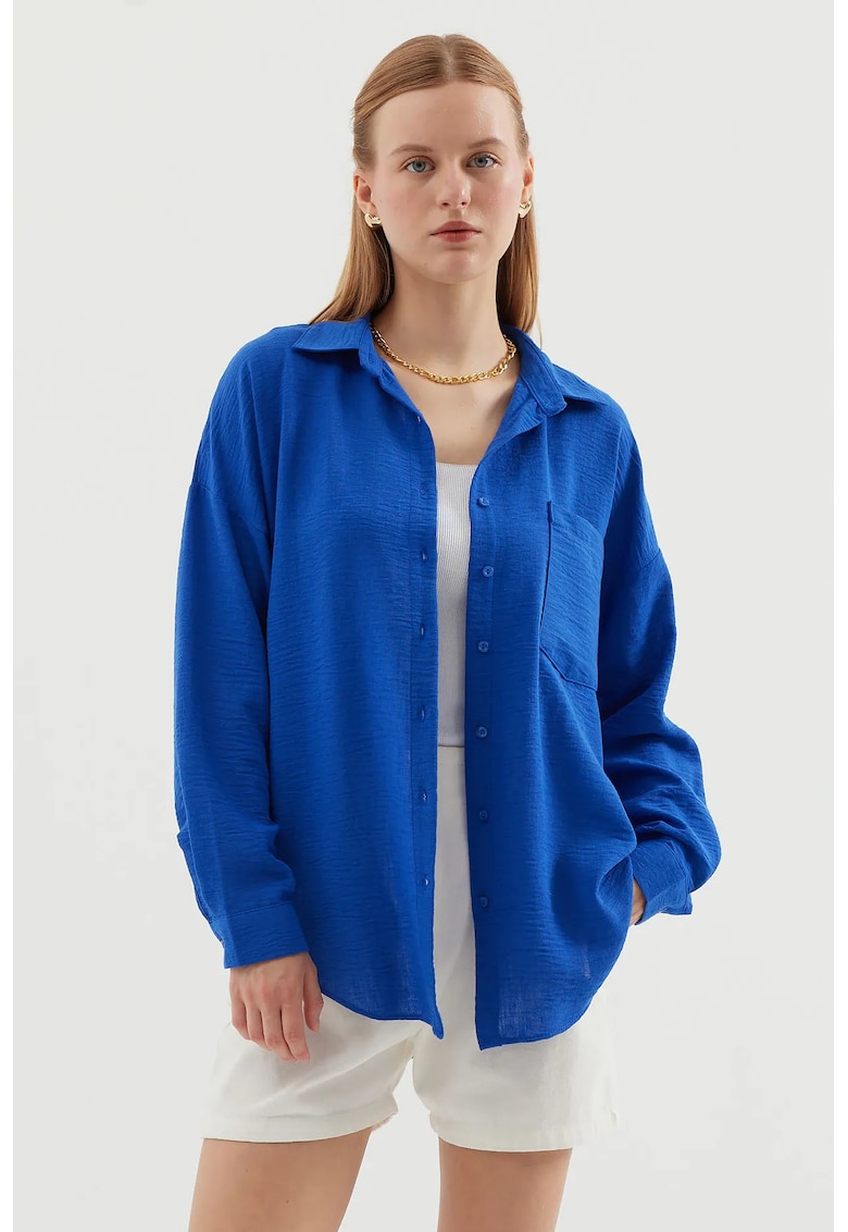 Camasa dama - basic - detalii la buzunare - albastru marocan - textil -