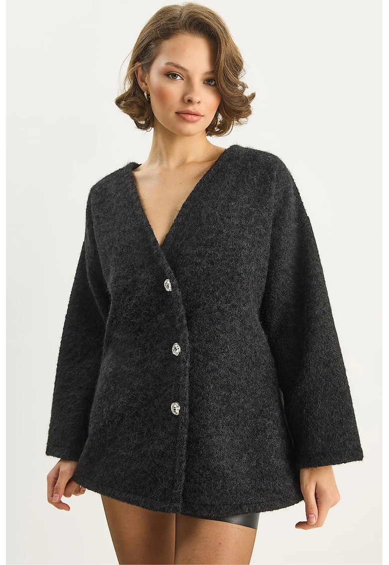 Cardigan - cu nasturi si decolteu in V - negru - textil