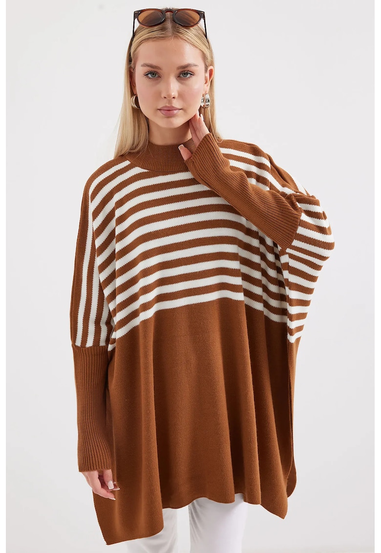 Pulover dama - BigDart - BigDart - larg - detalii taiate - tricot - Mocha Brown -