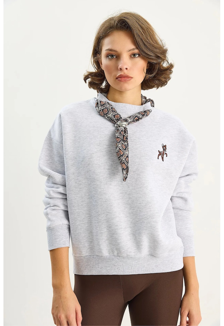 Hanorac dama - guler rotund brodat - gri - textil