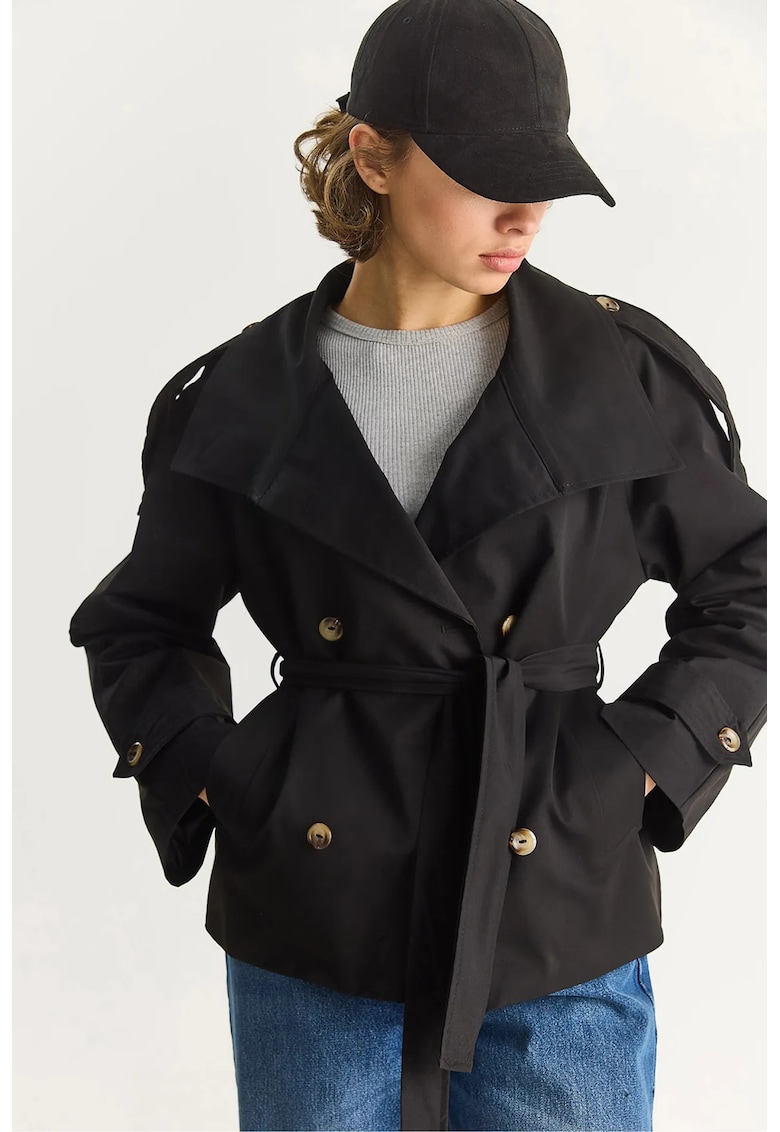 Palton dama tip Trench - negru - textil - Regular Fit