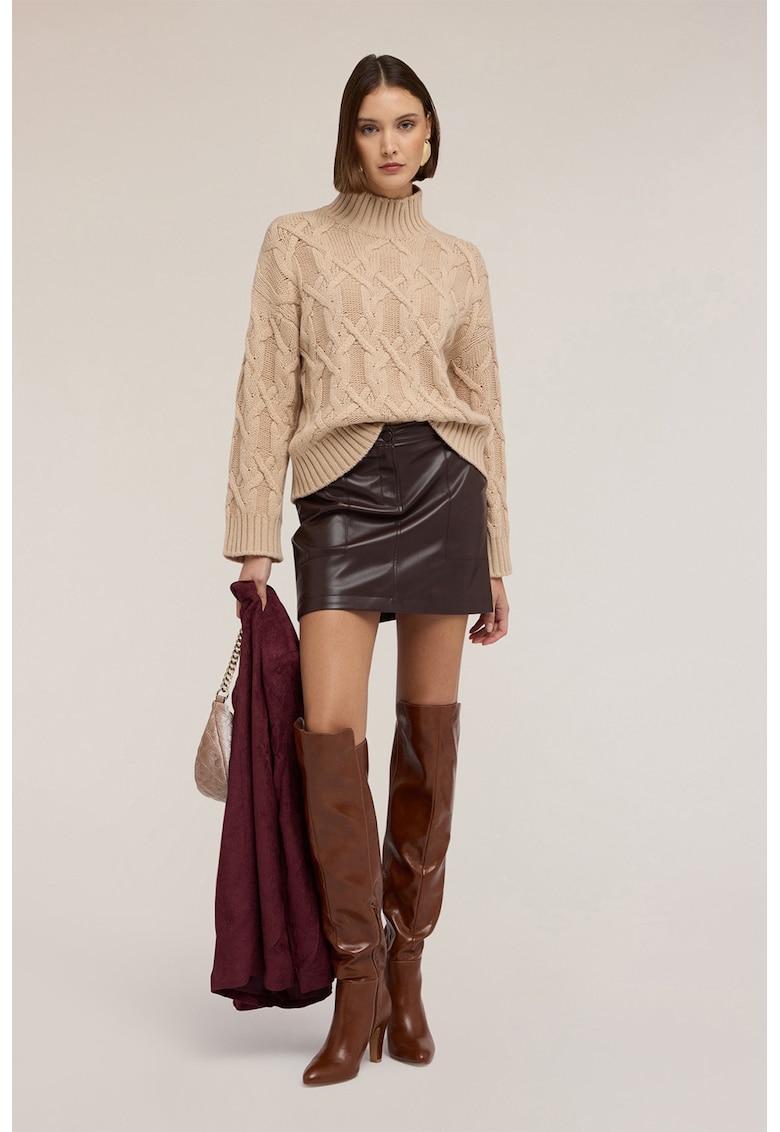 Pulover din amestec de lana cu guler inalt si model torsade