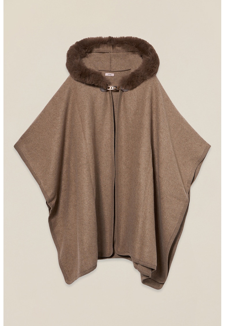 Poncho cu garnitura din blana sintetica si gluga