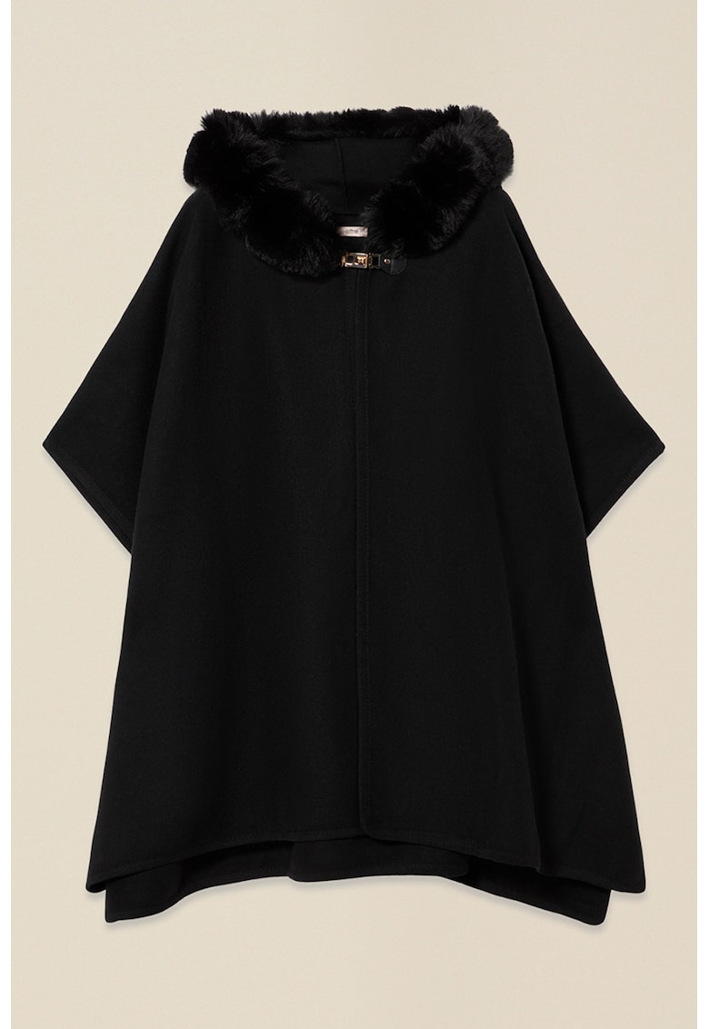 Poncho cu garnitura din blana sintetica si gluga