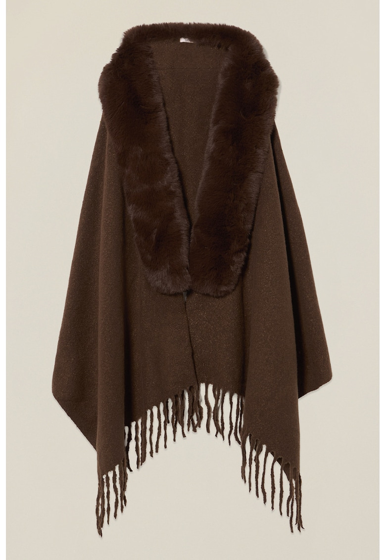 Poncho cu garnitura din blana sintetica si franjuri