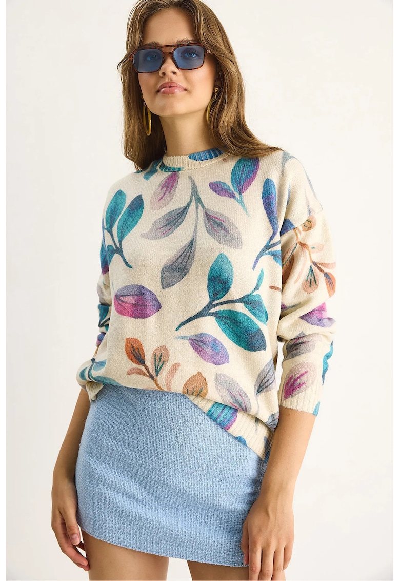 Pulover dama - Pulover tricotat cu model floral - tricot - Multicolor -