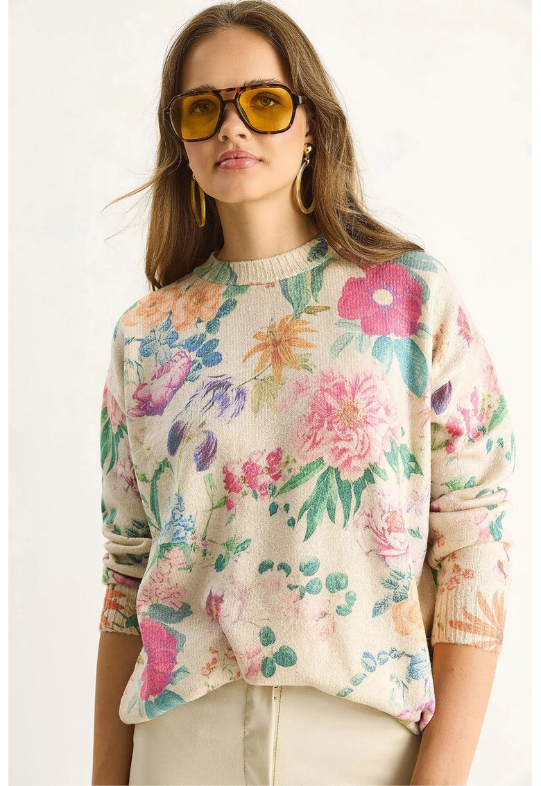 Pulover dama - tricotat cu model floral - tricot - Multicolor -