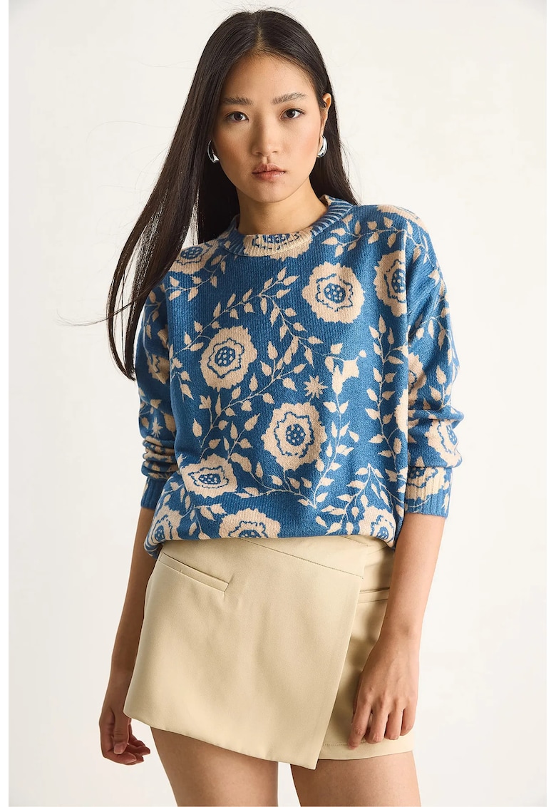 Pulover dama - tricotat - model floral - Albastru marin -
