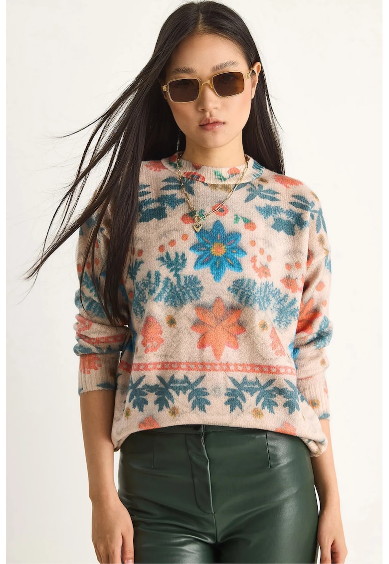 Pulover dama - tricotat cu model floral - tricot - Multicolor -