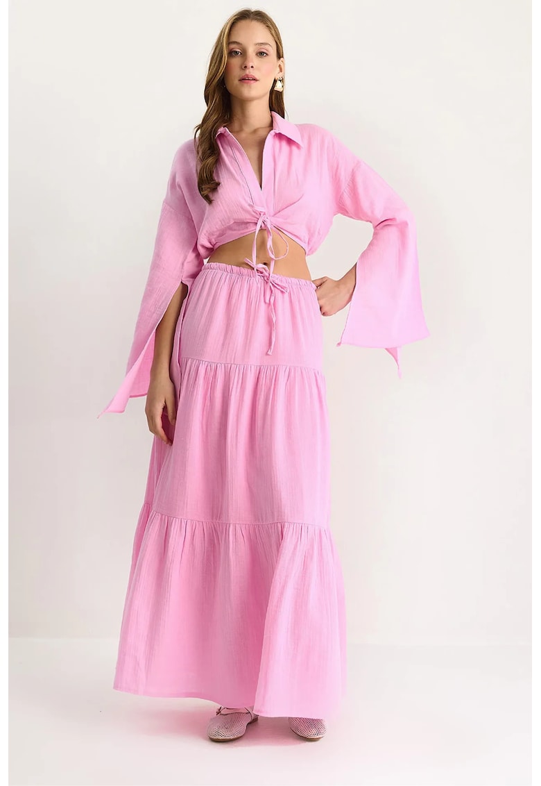 Compleu Femei - Camasa-Fusta cu Volane - roz garoafa - textil -