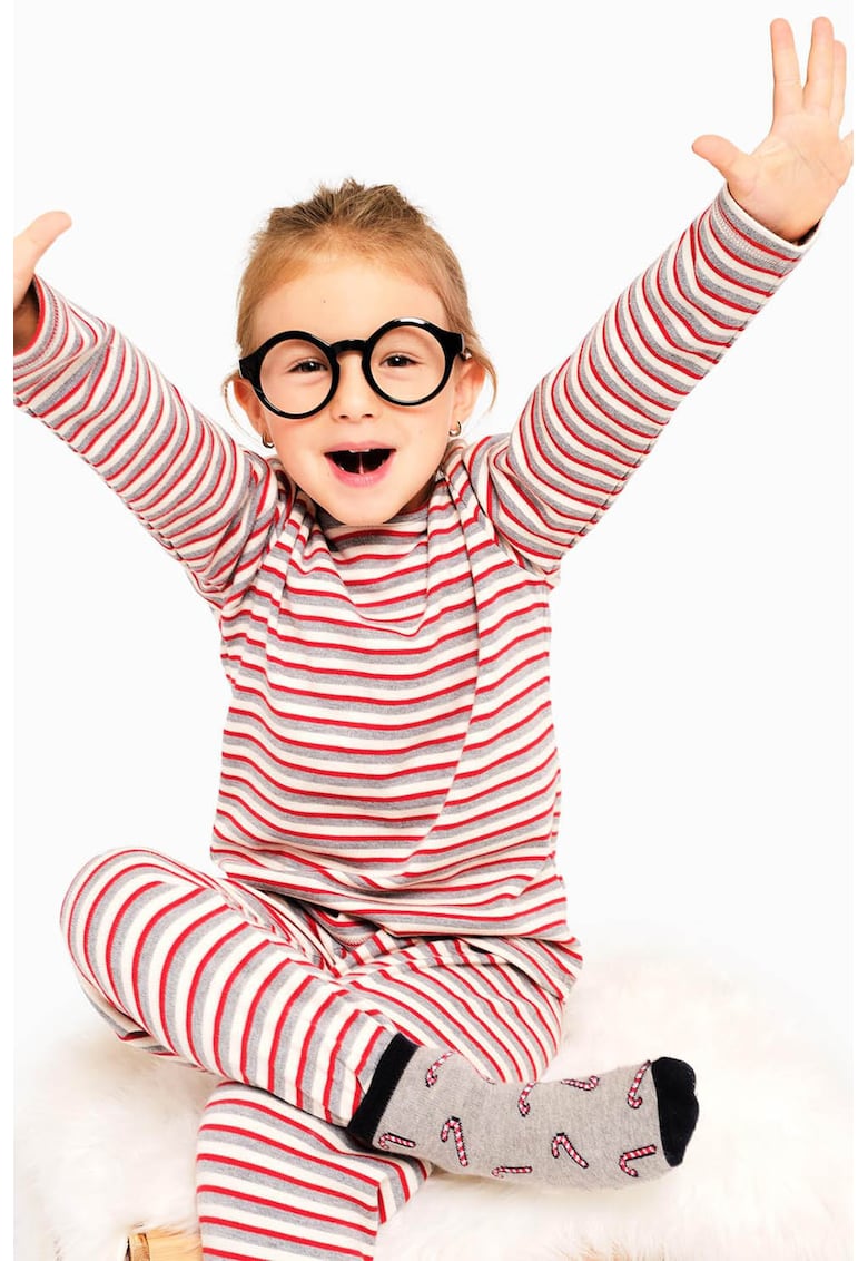 Pijama din bumbac cu model in dungi - Rosu/Gri/Alb murdar