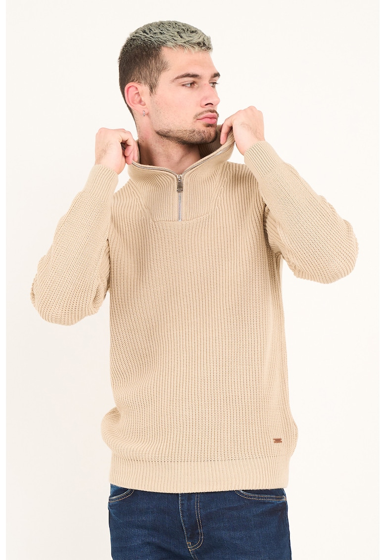 Pulover striat cu fenta cu fermoar - Bej deschis