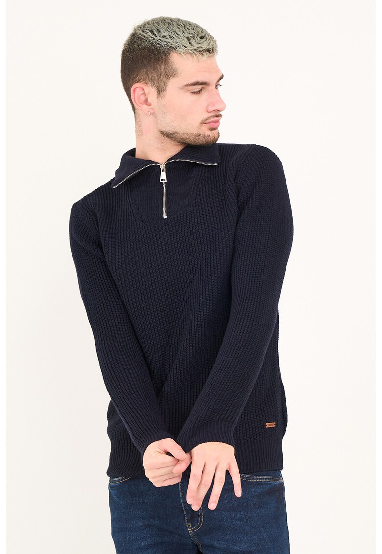 Pulover striat cu fenta cu fermoar - Albastru ultramarin