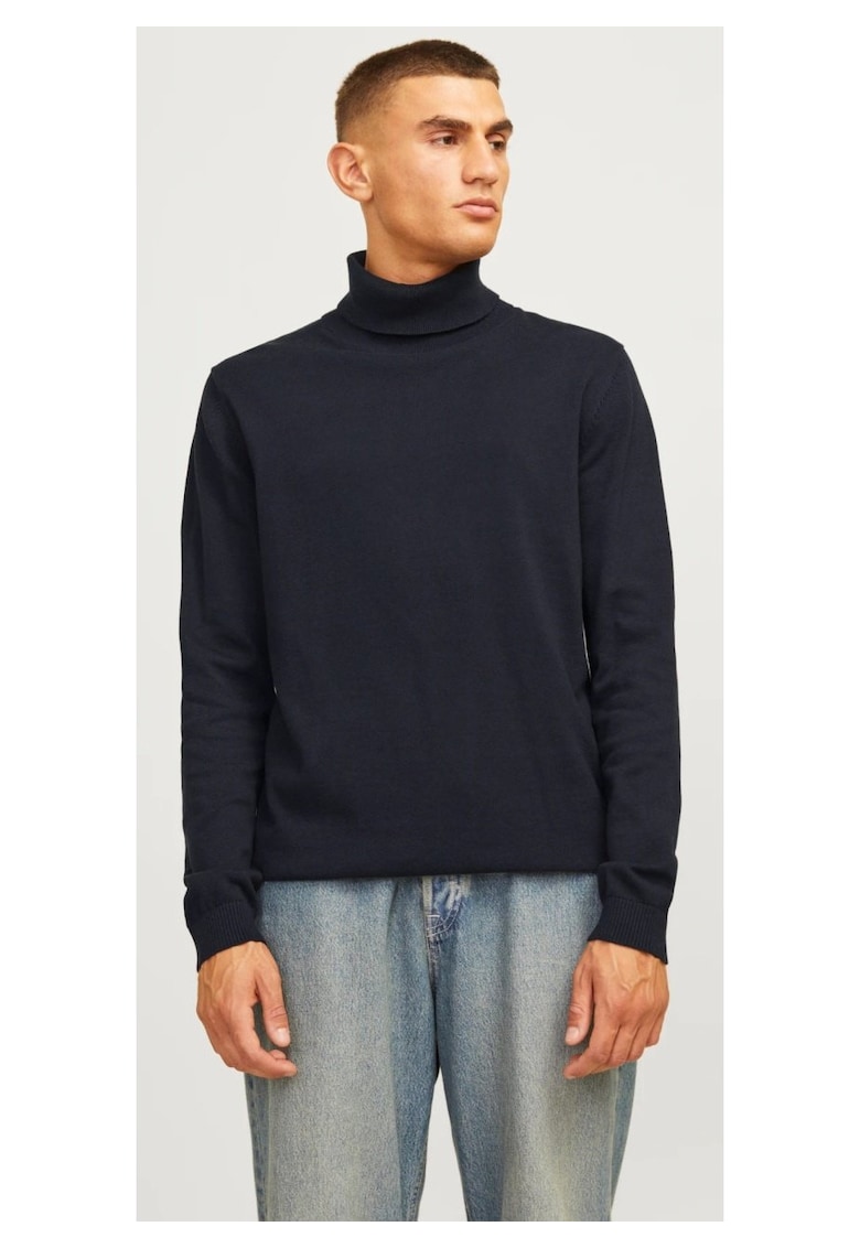Pulover barbati - simplu cu guler inalt - Bleumarin inchis -