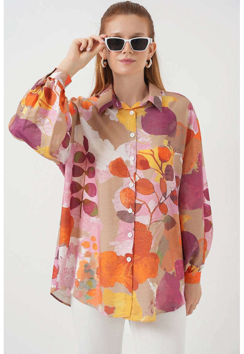 Camasa dama - supradimensionata - imprimeu floral - bumbac - Portocaliu stralucitor - S - Portocaliu