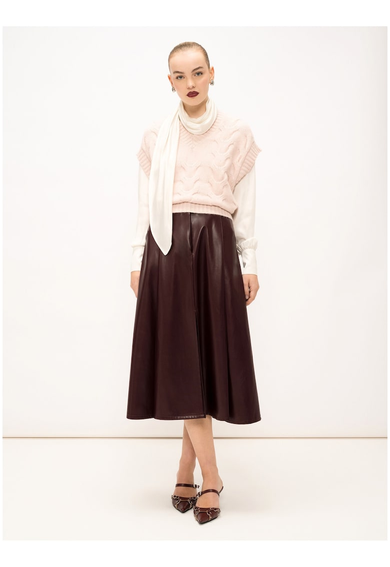 Fusta midi de piele ecologica cu talie elastica Oriana Pro - Visiniu