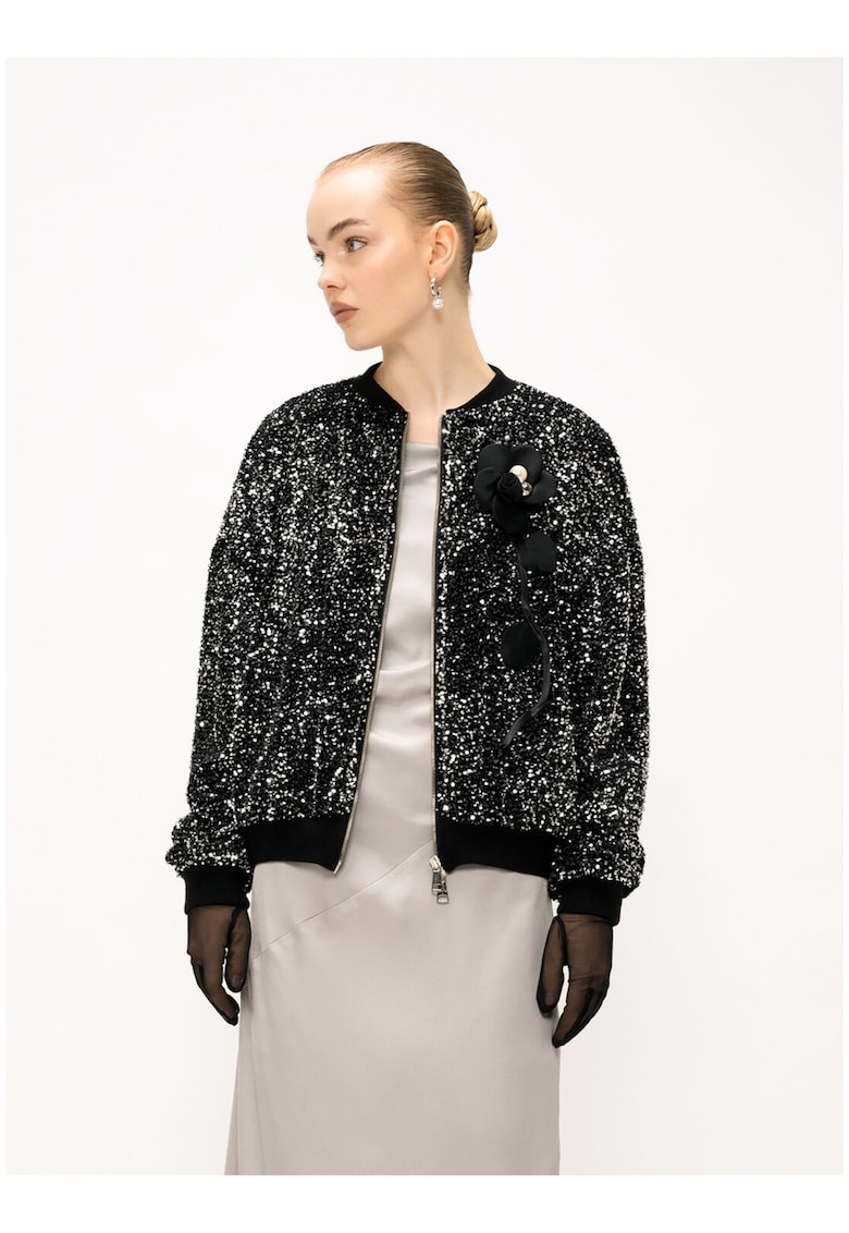 Jacheta cu aplicatie florala si paiete Silvana - Gri deschis