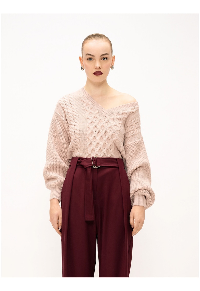 Pulover din amestec de lana cu design torsade - Roz pal