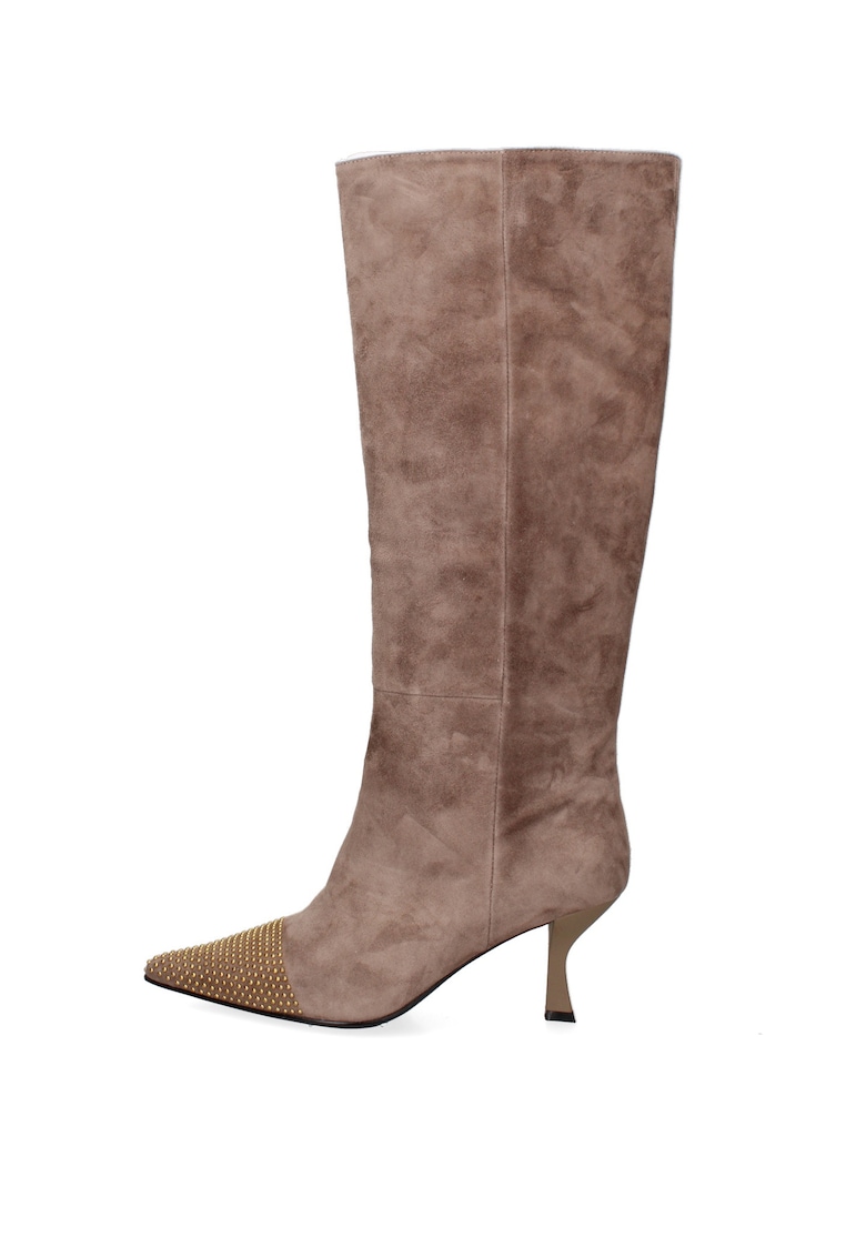 Cizme inalte pana la genunchi din piele cu strasuri Oriana Chic - Maro taupe deschis