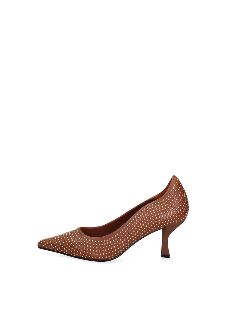 Pantofi din piele cu tinte si toc Lunaria Nova - Maro cognac