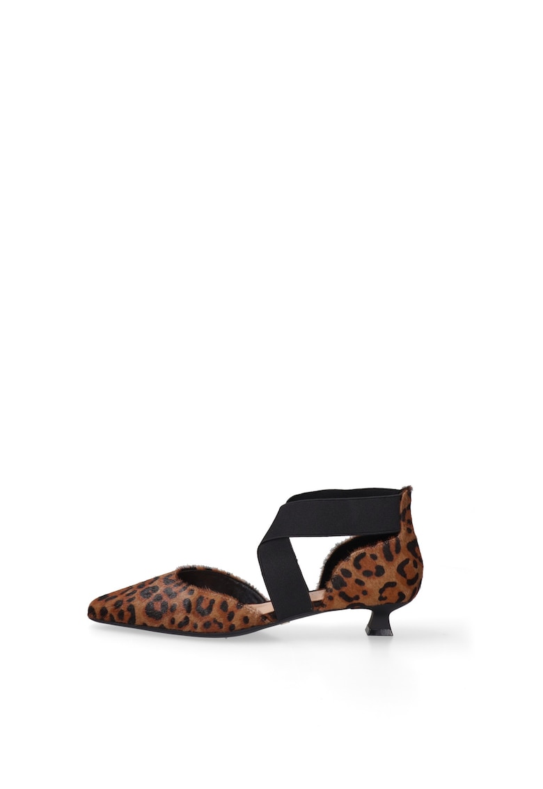 Pantofi din piele cu par scurt si toc kitten - Negru/Maro