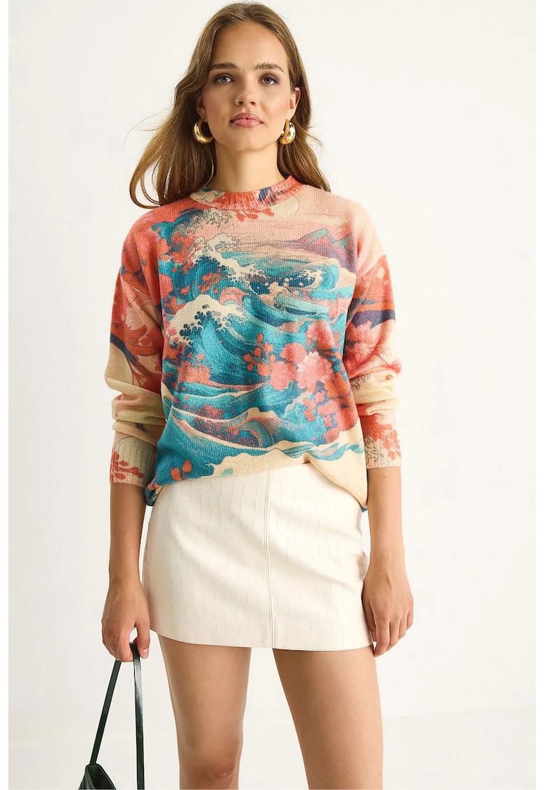 Pulover dama - tricotat cu model si guler rotund - Tricot - Multicolor -