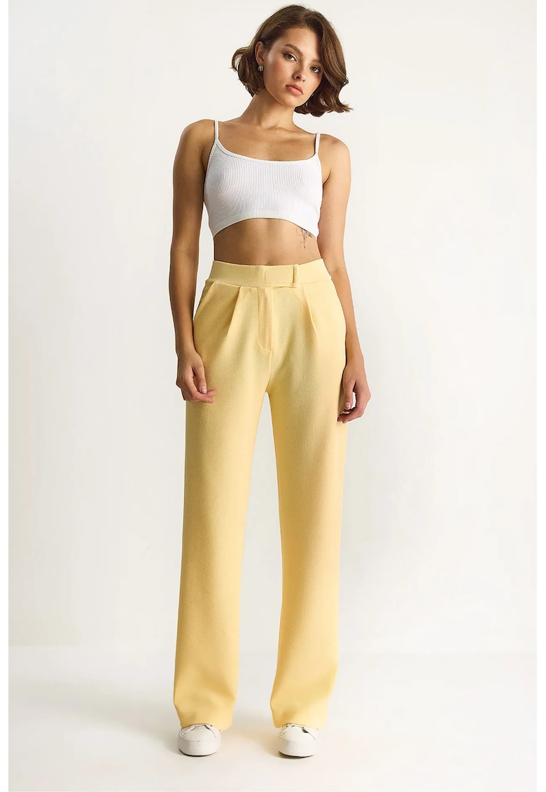 Pantaloni dama - drepti - galben lamaie - textil