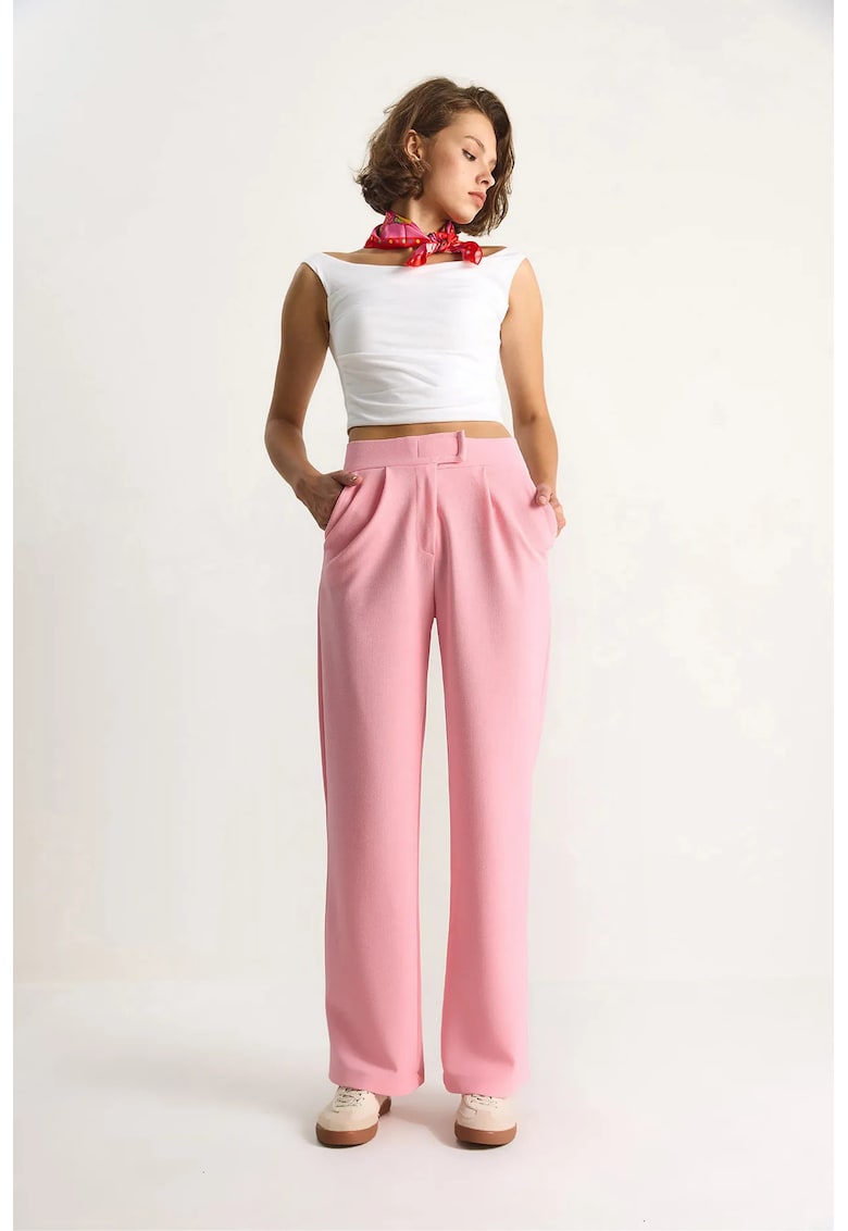 Pantaloni dama - drepti - talie inalta - roz pudrat - textil