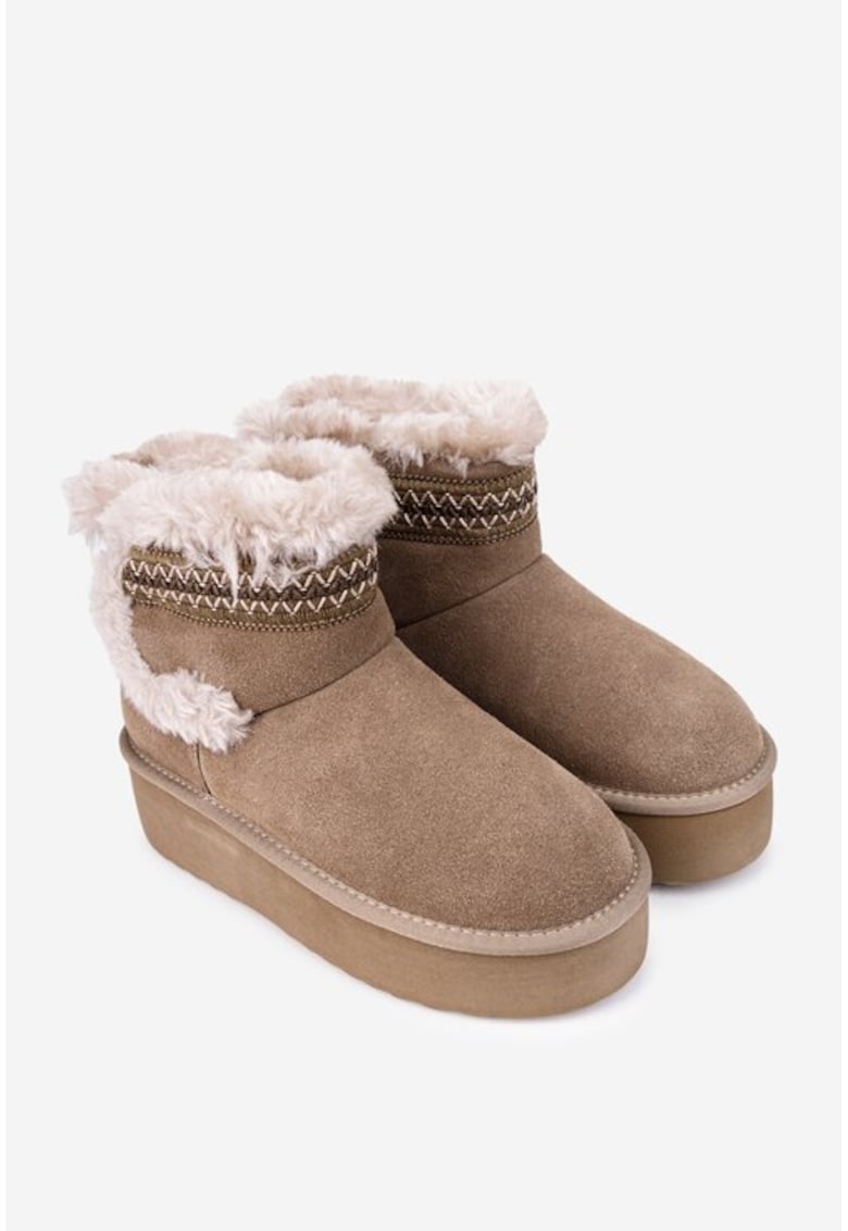 Ghete dama din piele intoarsa taupe cu model