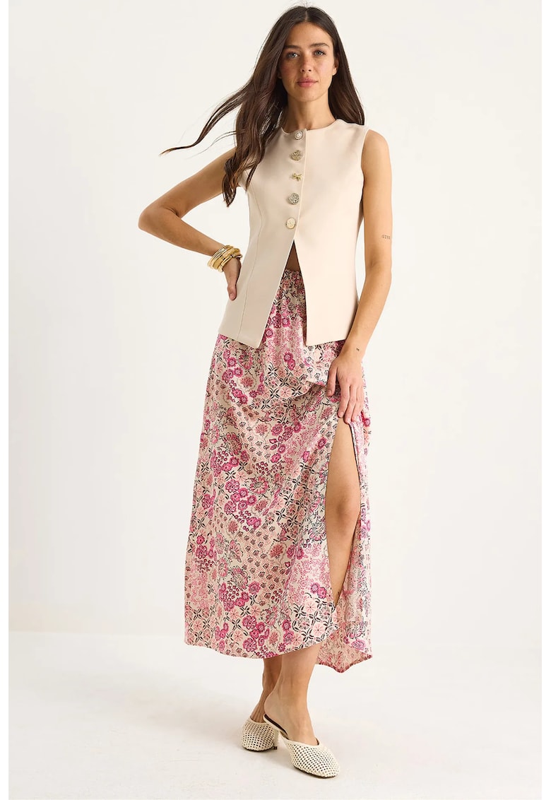 Fusta - fusta maxi cu model inflorat - roz garoafa - textil -