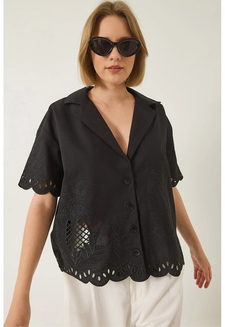 Camasa bumbac brodat - negru - textil -