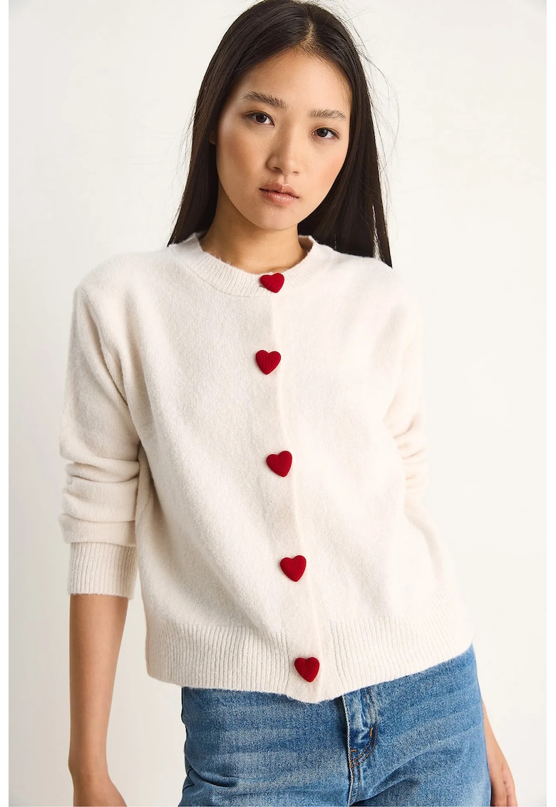 Pulover dama - cardigan cu nasturi inimioara - bej natural - tricot -