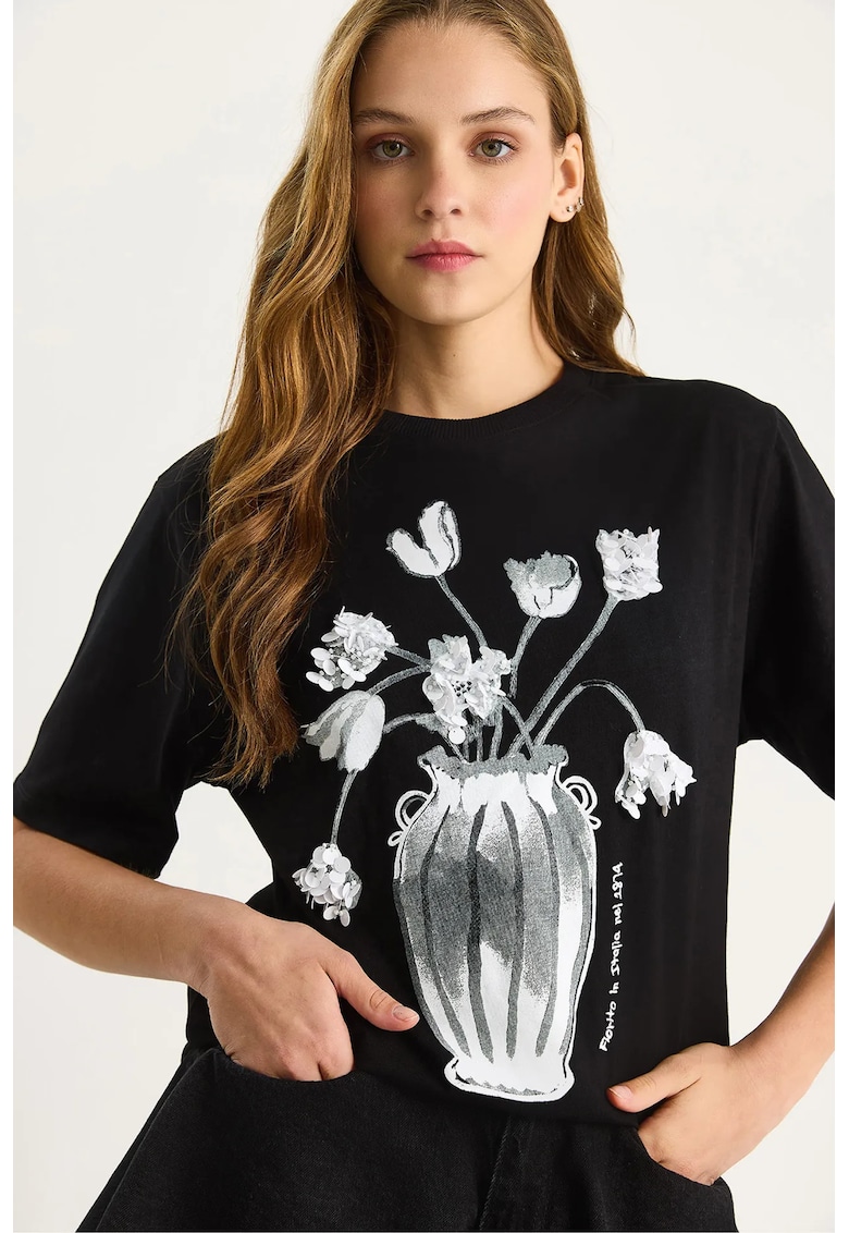 Tricou dama - cu guler rotund - maneca scurta - negru - jerseu -