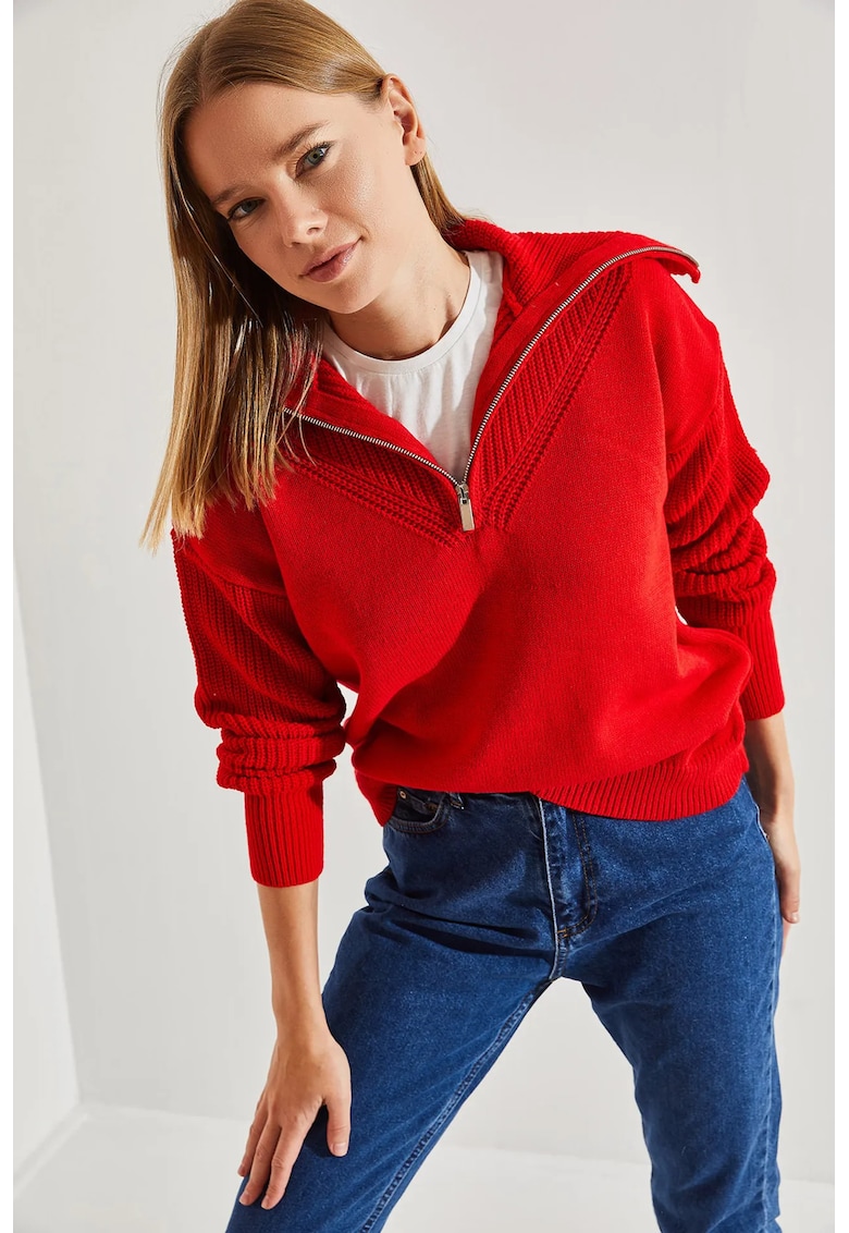 Pulover dama - tricotat cu guler cu fermoar - rosu - tricot -