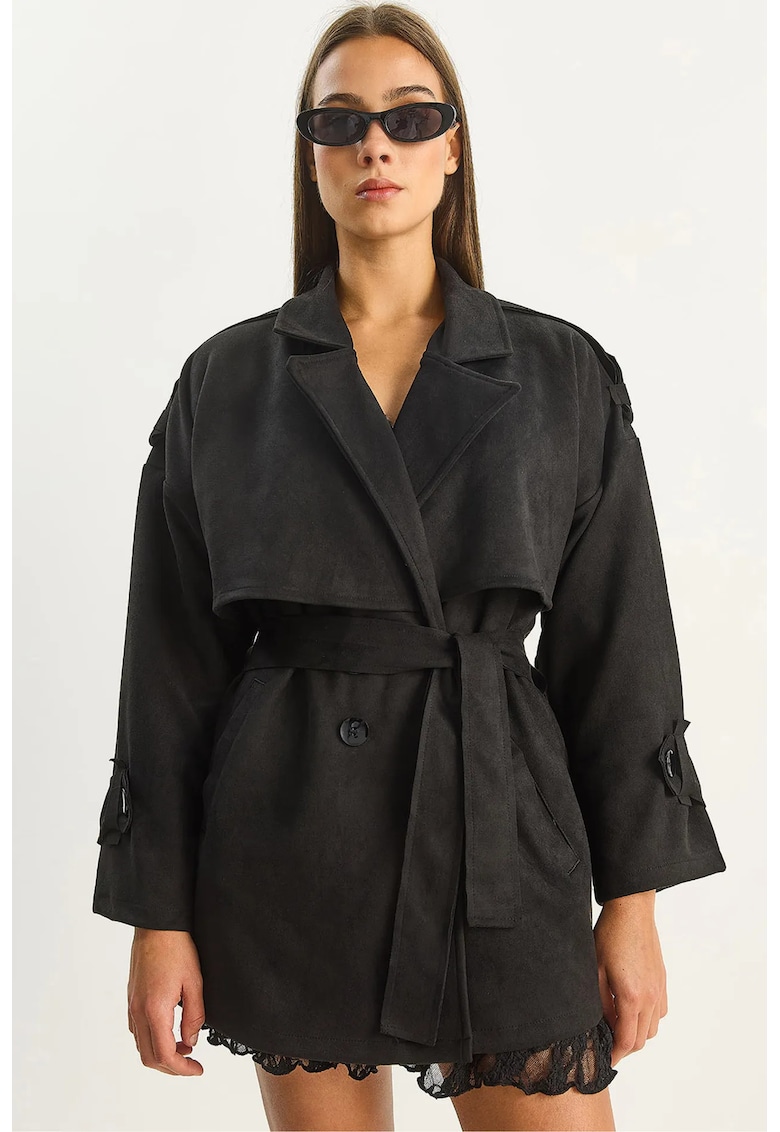 Trench dama midi - piele intoarsa artificiala - negru