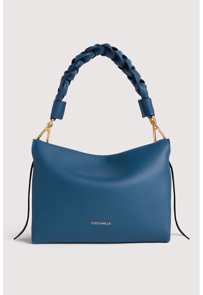 Geanta din piele cu bareta de umar si aspect impletit Boheme Grana - Albastru