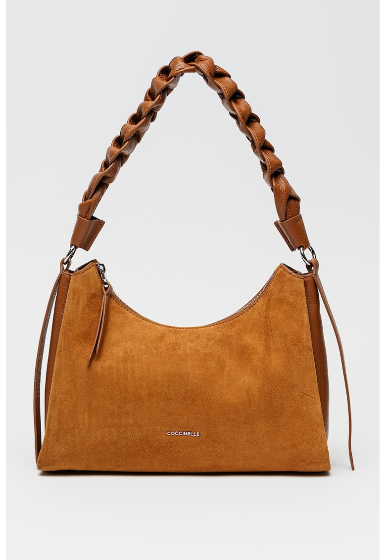 Geanta de piele intoarsa cu bareta de umar cu aspect impletit Boheme - Maro scortisoara