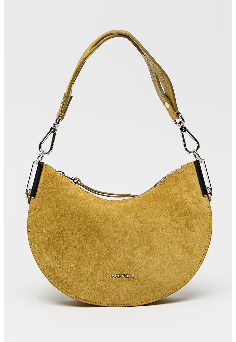 Geanta de piele intoarsa cu bareta de umar si logo Sunup - Verde masliniu